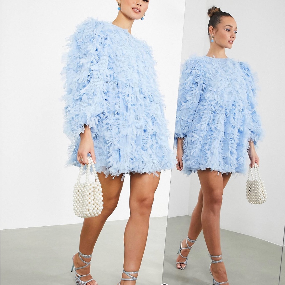 ASOS EDITION mini smock dress in textured mesh in pale blue